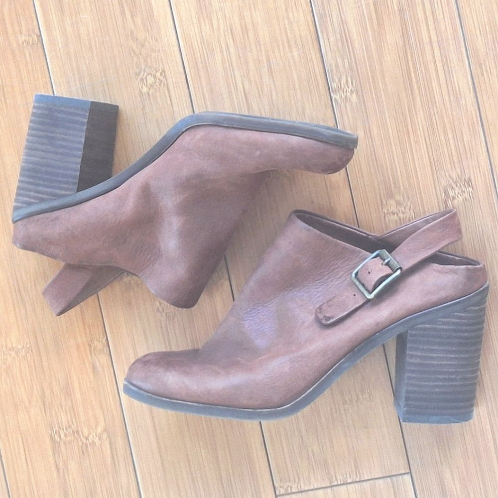 Lucky Brand Machiko Mule Slingback Stack Heeled Bootie Brown Leather size 8 / 38